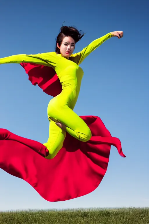 Image similar to beautiful superhero woman flying in the air, green yellow tight costume, cloak, explosion background, canon eos r 6 photo