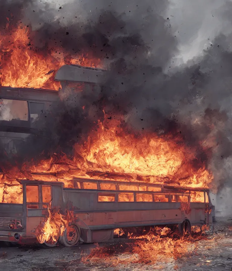 Image similar to a beautiful hyperrealistic detailed 3D render of a burning school bus, by Anton Otto Fischer, Atey Ghailan, genzoman, unreal engine, octane render, gigantic, 3D, brilliantly coloured, intricate, ultra wide angle, trending on artstation, embers, smoke, dust, dusk, volumetric lighting, HDR, polished, micro details, ray tracing, 8k