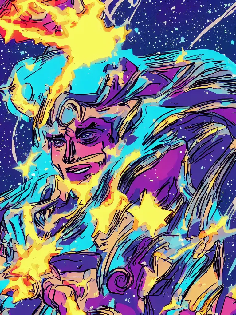 Image similar to magic universe wind coming out of a computer screen, mystical shootingstars, artstation, comic style, pop art, Jack Kirby