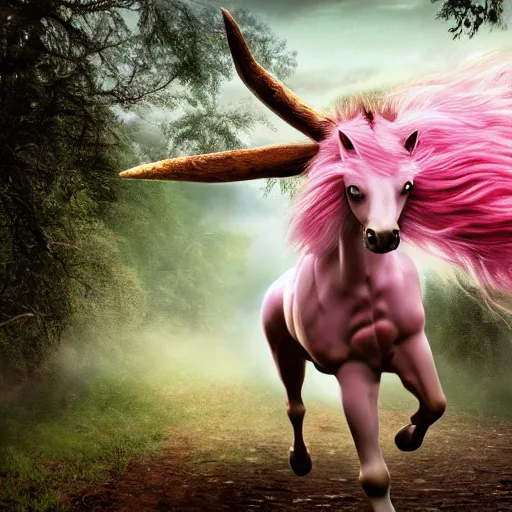 Prompt: female centaur running through the forest, fantasy, photo realistic, pink and white fur,