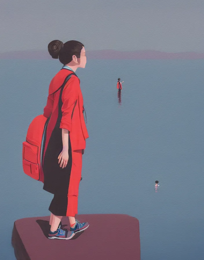 Image similar to wide shot rear view photographer woman hair in a bun kanzashi long red pattern coat backpack sneakers grasping a dslr camera while looking out over a placid lake, a character design painting, in the style of wes anderson, lola dupre, david hockney, isolated on negative white space background dark monochrome neon fluorescent spraypaint accents volumetric octane render, no double figure