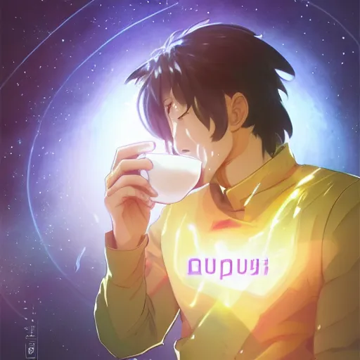 Prompt: A man drinking a cup of cosmic energy bright light, illustration, anime style, Artgerm, 4k, digital art, surreal, anime style, space dandy style, highly detailed, godsend, artstation, digital painting, concept art, smooth, sharp focus, illustration by Ruan Jia and Mandy Jurgens and William-Adolphe Bouguereau, Artgerm