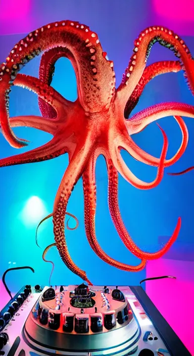 Image similar to award winning photo of an octopus! as a dj with tentacles! simultaneously placed turntables cdjs and knobs of a pioneer dj mixer. sharp, blue and fuschia colorful lighting, in front of a large crowd, studio, medium format, 8 k detail, volumetric lighting, wide angle, at an outdoor psytrance festival main stage at night