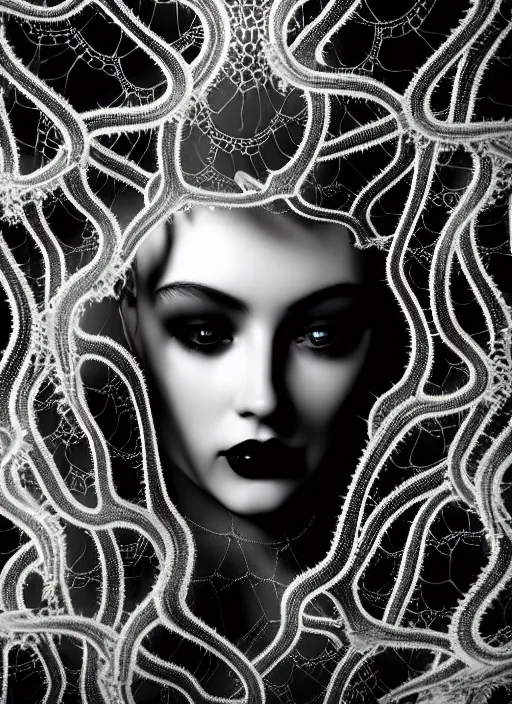 Image similar to surreal mythical dreamy dark artistic black and white fine art photo of a beautiful young female medusa - cyborg covered with lace fish scales and translucent algae, highly detailed, intricate crystal ivy jelly fish scales ornate, lace web, poetic, octane render, 8 k, photo - realistic, by man ray