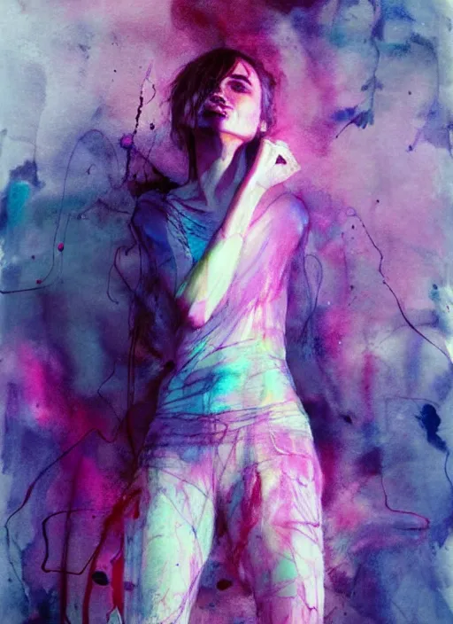 Prompt: nathalie portman full body by agnes cecile, pastel light colours, ink drips, autumn lights