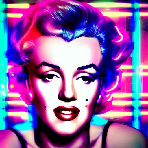 Image similar to marilyn monroe portrait, cyberpunk vr headset, futuristic, wires, neon hard lights, realistic, detailed, photography, vogue photoshoot