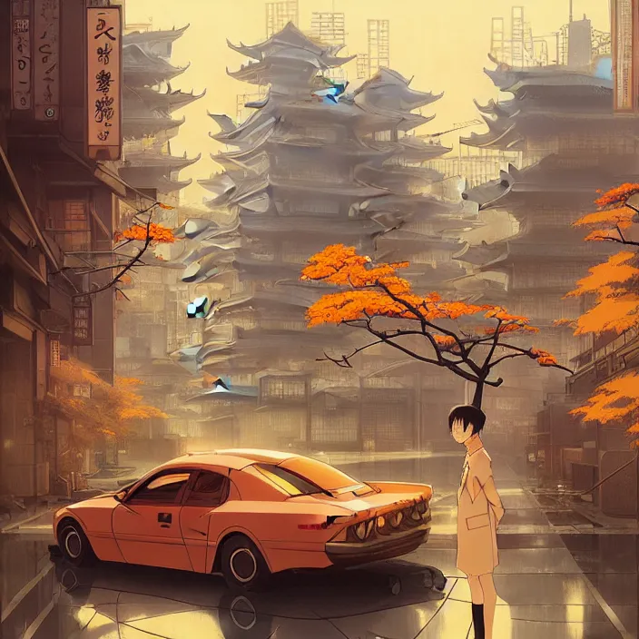 Image similar to empty tokyo, autumn, in the style of studio ghibli, j. c. leyendecker, greg rutkowski, artem