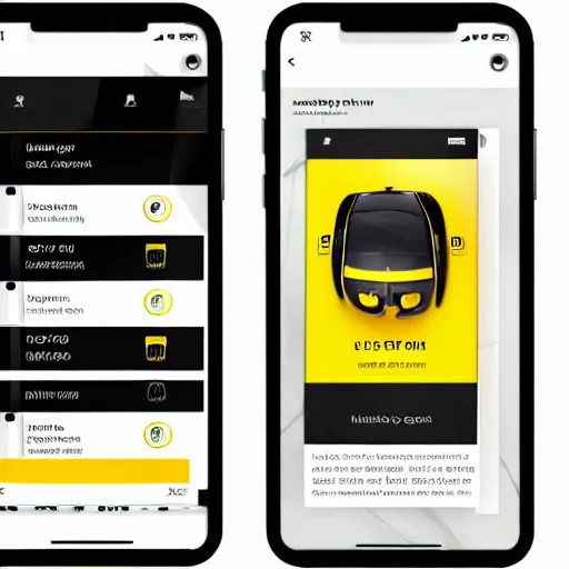 Prompt: a full ux layout of a mechanical dog dashboard and marketplace mobile app for ios with a black and yellow theme.