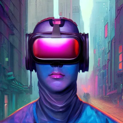Prompt: vibrant portrait of masked cyberpunk hero with Oculus VR headset with an oxygen tank on the art deco streets of the big city, award-winning realistic sci-fi concept art by Jim Burns and Greg Rutkowski, Picasso, Beksinski, masterpiece, complimentary colors, James Gilleard, Bruegel, artstation