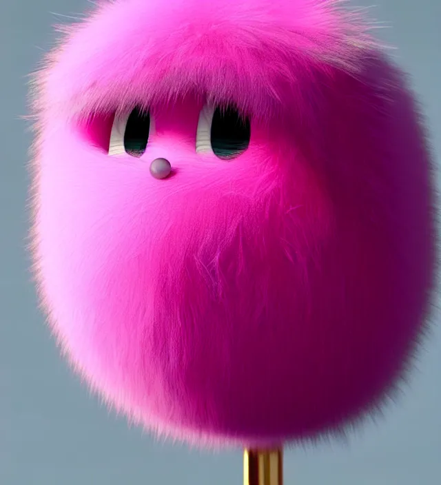 Image similar to high quality 3 d render hyperrealistic very cute small pink little spherical creature, plush mascot, short spiky dense fluffy smooth hair, photo from the side, pink fluffy fur, 1 5 0 mm, beautiful natural soft light, rim light, smooth background, artstation, ultra detailed, elegant, ultra detailed, metallic armor, octane render