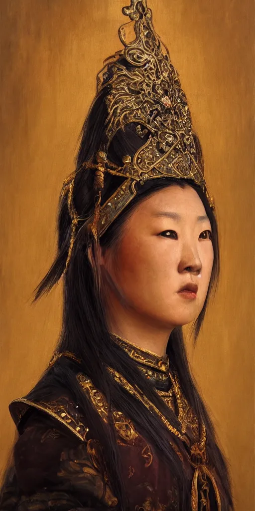 Prompt: Highly detailed and cinematic Realism period oil painting of an Mongolian princess face portrait, an oil painting ((masterpiece)) by ((Josep Tapiró Baró)), RPG portrait, dynamic lighting, 8K