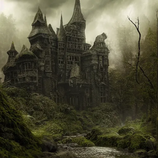 Image similar to full body pose, hyperrealistic photograph of the black castle of rotbog swamp, dim volumetric lighting, 8 k, octane beautifully detailed render, extremely hyper detailed, intricate, epic composition, cinematic lighting, masterpiece, trending on artstation, very very detailed, stunning, hdr, smooth, sharp focus, high resolution, award, winning photo, dslr, 5 0 mm