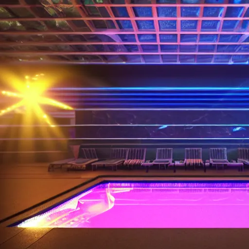 Prompt: A ray of light glimmering over a pool in a futuristic setting, cyberpunk, neon lights, pastel colours, 8k render octane engine