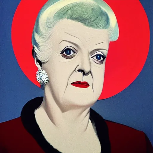 Image similar to very detailed and attractive portrait of dame angela lansbury backlit with an ominous red glow, painted by rene magritte