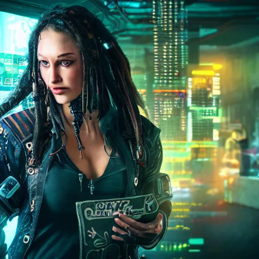 Image similar to a high quality portrait of a beautiful stunning pirate in a cyberpunk cyberpunk cyberpunk cafe, realism, 8k, award winning photo