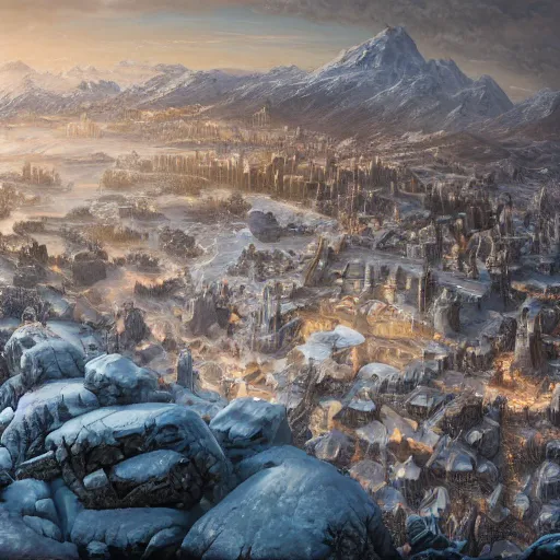 Image similar to An epic fantasy realism painting of a Hyperborean legendary city lost in tundra, fisheye, unreal engine 5, 4K, intricate, sharp focus, hyperrealistic, octane render dynamic lighting