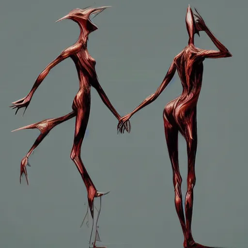 Image similar to Two elegant humanoid creatures, stuck back to back, fused at the shoulders dancing on their pointy limbs. Award-winning digital art, trending on ArtStation