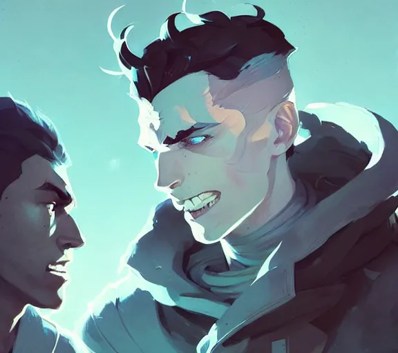 Image similar to portrait jayce and viktor, arcane, by atey ghailan, by greg rutkowski, by greg tocchini, by james gilleard, by joe fenton, by kaethe butcher, dynamic lighting, gradient light blue, brown, blonde cream and white color scheme, grunge aesthetic