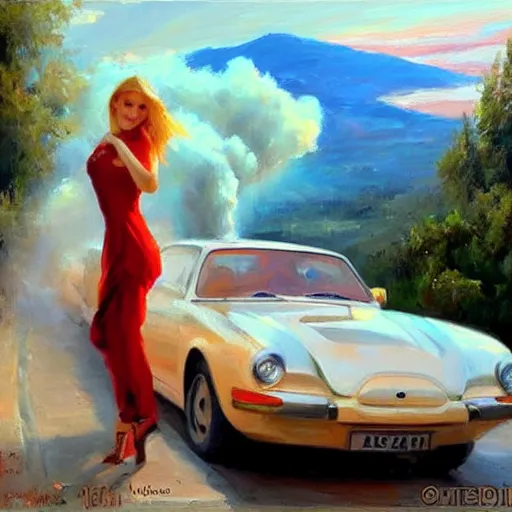 Prompt: painting volegov car blonde woman!!! erupting volcano!!!
