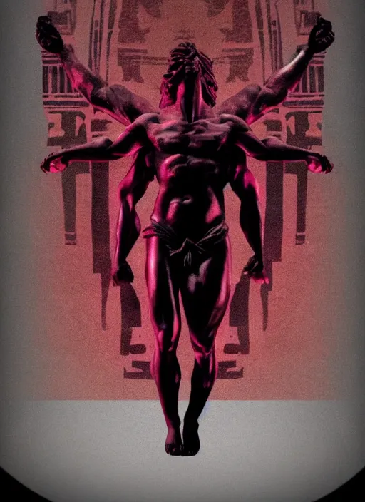 Image similar to dark design poster showing a statue of hercules, black background with very subtle red purple design elements, powerful, nekro, vito acconci, thin straight lines, dark, glitch art, neo vaporwave, gritty, layout frame, square, trending on artstation