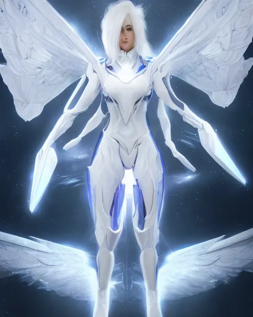 Image similar to perfect white haired alien being with huge white dove wings, warframe armor, beautiful, symmetric, dreamy, half asian, pretty face, blue eyes, detailed, scifi platform, laboratory, experiment, 4 k, ultra realistic, epic lighting, android body, illuminated, cinematic, masterpiece, art by akihito tsukushi, voidstar