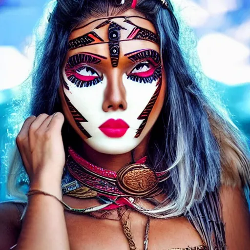 Image similar to hot tribal warrior cute girl big eyes pouty lips tanned skin white hair