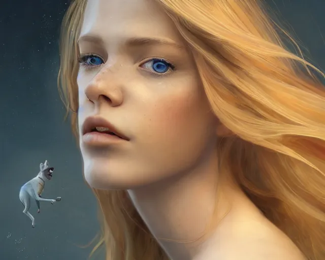 Image similar to epic cinematic shot of beautiful scandinavian woman with symmetrical face stunning eyes and long blonde hair playing with german shephard dog, weta disney pixar, hi - fructose, decadent highly - detailed digital painting, golden ratio, octane render, artstation, cinematic composition, smooth, sharp focus, artgerm, mucha, loish, wlop hdr
