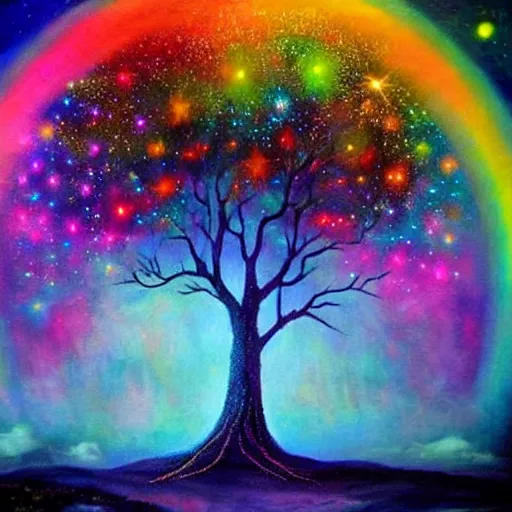 Prompt: the ghost of the world tree radiates rainbow light into the dark cosmos, epic painting