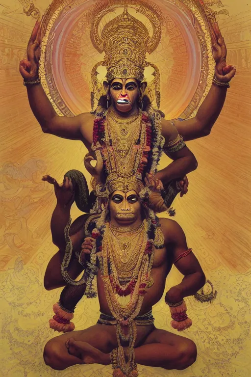 Image similar to a full body portrait of a beautiful ornated hanuman god, arms pointing up!!!, meditative sacral pose, hindu stages of meditation, intricate, elegant, highly detailed, digital painting, artstation, concept art, smooth, sharp focus, illustration, art by krenz cushart and artem demura and alphonse mucha