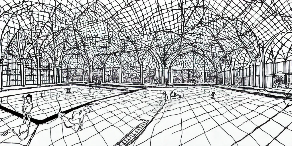 Image similar to lineart black and white indoor swimming pool with large blue archways, giant windows overlooking a garden, drawn with micron pen in the style of popular manga