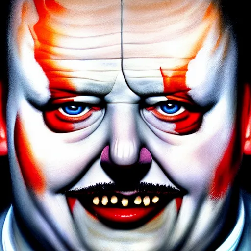 Image similar to a portrait of john wayne gacy, hyper realistic, octane render, by barlowe. masterpiece portrait painting. dark, moody,, abstract brush strokes,.