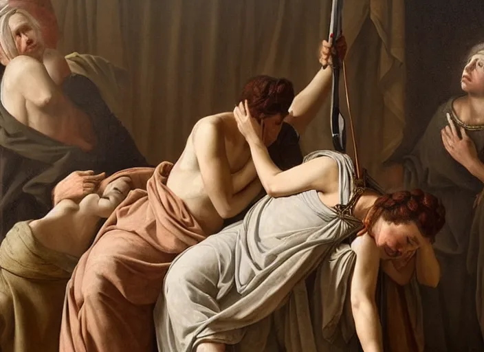 Image similar to this sorrowful picture illustrates the poignant death of lucretia which led to a revolt that overthrew the monarchy and established the republic of rome. hyperrealism, intricate details, trending on artsation