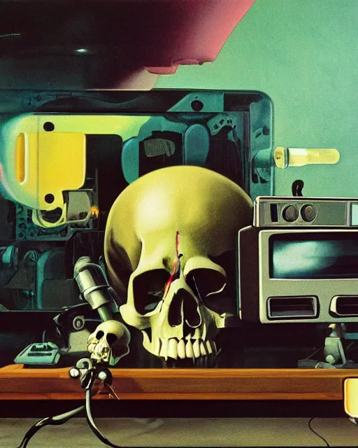 Image similar to a skull observing 8 0 s era technology, vintage shapes, retro technology, vintage color, wayne barlow, oil on canvas, deep depth of field, masterpiece, cinematic composition, hyperdetailed