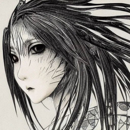 Image similar to Yoshitaka Amano realistic illustration of an anime girl with black eyes, wavy white hair fluttering in the wind and cracks on her face wearing Elden ring armour with engraving, abstract black and white patterns on the background, noisy film grain effect, highly detailed, Renaissance oil painting, weird portrait angle, blurred lost edges, three quarter view