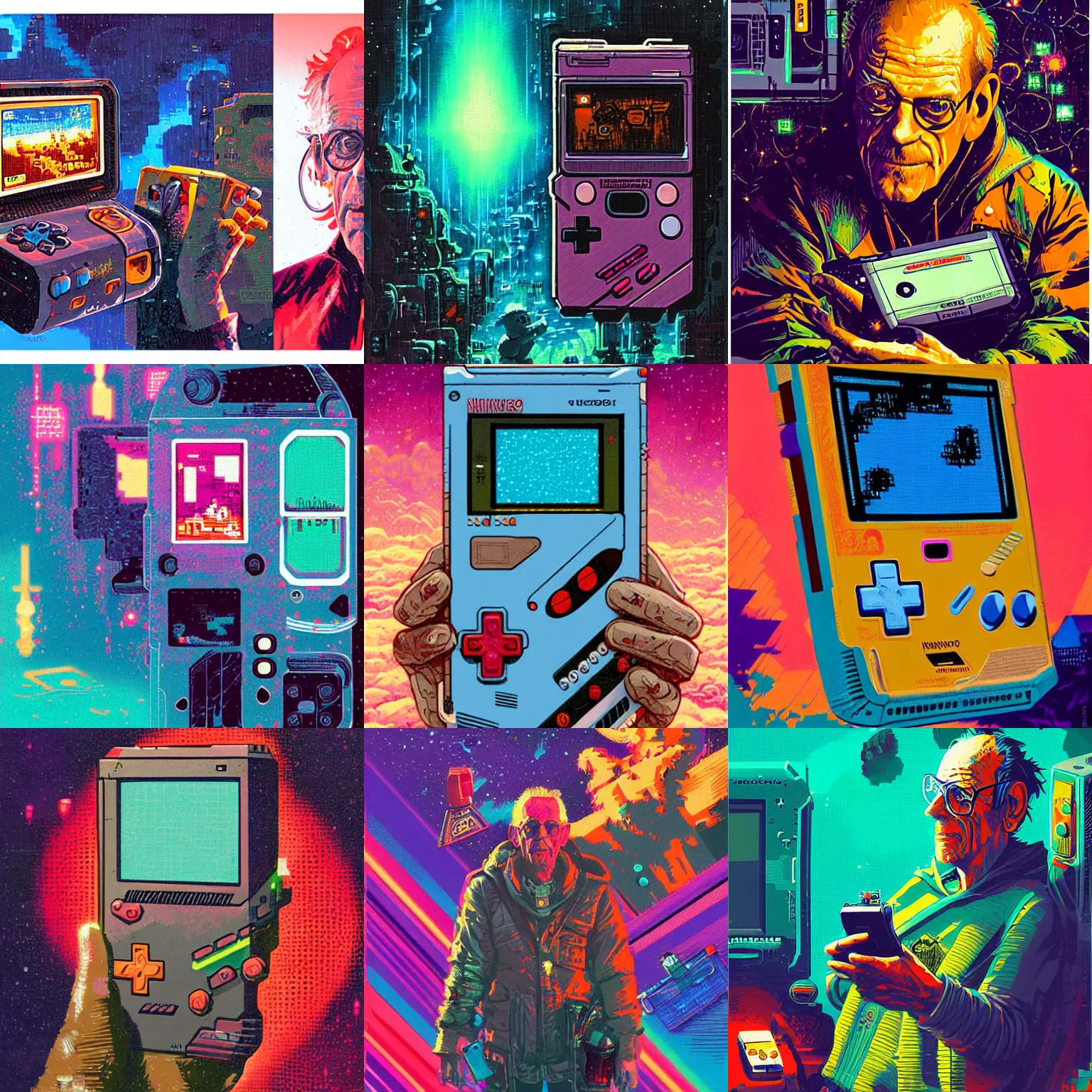 Prompt: epic illustration of Christopher Lloyd as a nintendo gameboy by Paul Lehr, detailed, screen print