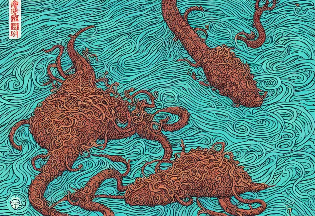 Image similar to Raman noodle sea monster by Feng Zhu and Loish and Laurie Greasley, Victo Ngai, Andreas Rocha, John Harris