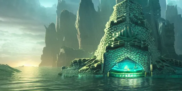 Image similar to emerald tablet, epic large underwater city, highly detailed, photorealistic, octane render, beautiful, glorious, matte painting, cinematic