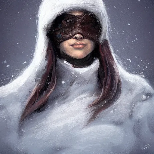 Image similar to snow bandit from ‘ icewind dale ’, ‘ icewind dale 2 ’ profile portrait by ‘ justin sweet ’, falling snow, soft focus, illustration, oil paint, artstation