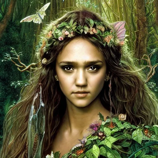 Image similar to head and shoulders portrait of a flowering fey fairy warlock portrayed by young jessica alba, in a magical forest, d & d, fantasy, luis royo, magali villeneuve, donato giancola, wlop, krenz cushart, hans zatka, klimt, alphonse mucha