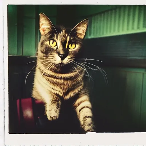 Prompt: black cat on a rollercoaster. focus on cats face. sunlight. polaroid photo. bright colors.