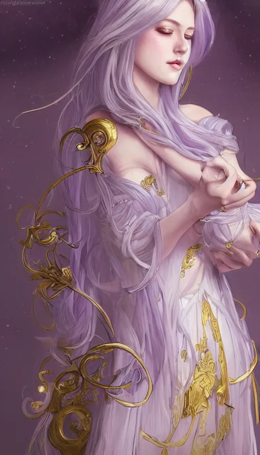 Image similar to masterpiece ultra realistic illustration of a magical girl with silver hair and gold eyes, dreamy and ethereal, lavender tones, ornate dress, dramatic, cinematic, fantasy, highly detailed, smooth. in the style of artgerm and alphonse mucha, artstation trending.