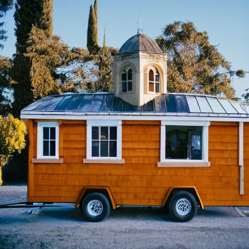 Image similar to Hearst Castle as a tiny home, able to be transported on a trailer. Photographed with Leica Summilux-M 24 mm lens, ISO 100, f/8, Portra 400