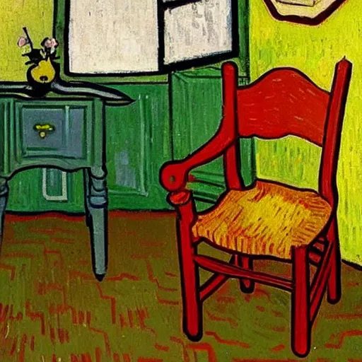 Image similar to Dachshund on a chair, in a bedroom, painted by Vincent Van Gogh