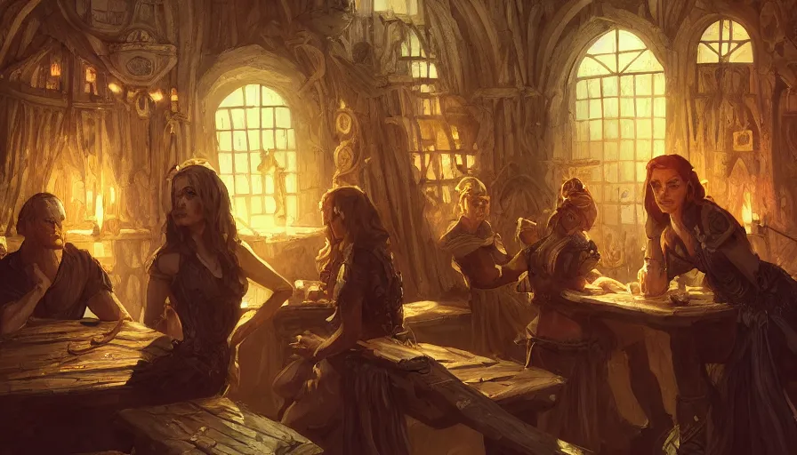 Image similar to tavern, fame of thrones, pinup. lord of daggers, past, neon, fibonacci, sweat drops, insane, intricate, highly detailed, digital painting, artstation, concept art, smooth, sharp focus, illustration, Unreal Engine 5, 8K, art by artgerm and greg rutkowski and alphonse mucha