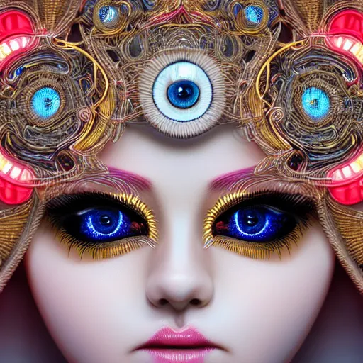 Prompt: stunning hyperdetailed upclose symmetrical portrait of princess with translucent porcelain skin, big electric eyes, ultra detailed ornate neon wire lacing, ultra detailed, mechanical flower headdress, micro detail, by satoshi kon, sharp focus, wooded background, 8 k