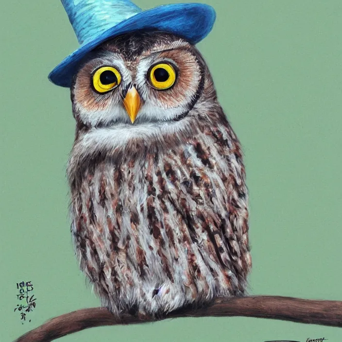 Image similar to realistic cute owl wearing a birthday hat by koson ohara