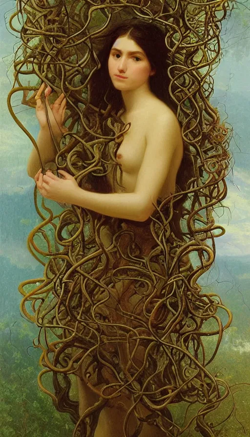 Image similar to very detailed portrait of a 2 0 years old girl surrounded by tentacles, the youg woman visage is blooming from fractal and vines, by albert bierstadt,