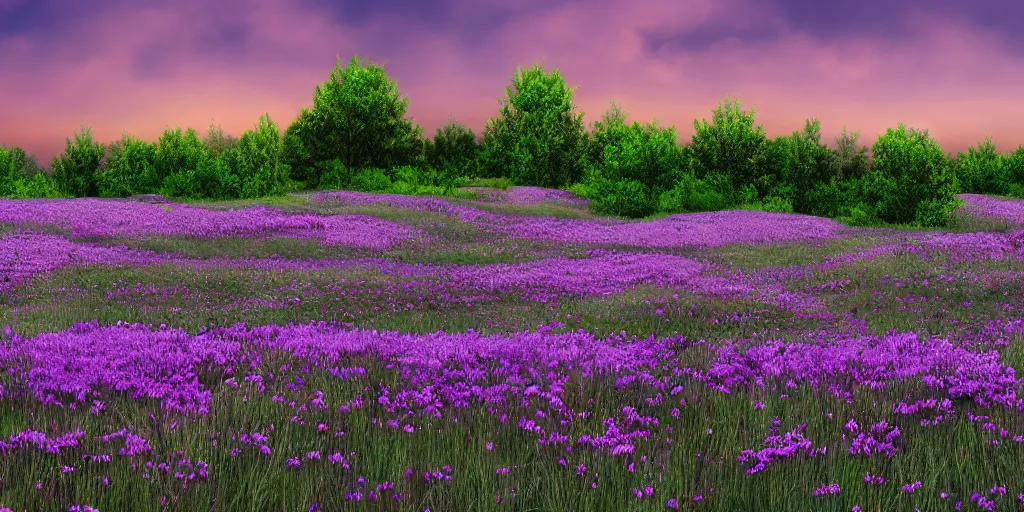 Image similar to field of green daisies, purple sky in background, matte painting