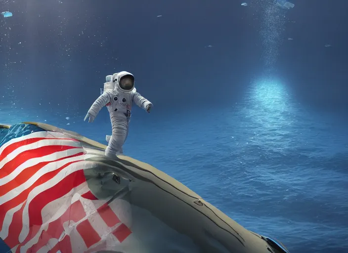 Prompt: astronaut underwater putting a flag on the bottom of the ocean. in the background, a submarine is visible. digital art, blender, photorealistic, octane render, 8 k, volumetric lighting, trending on artstation