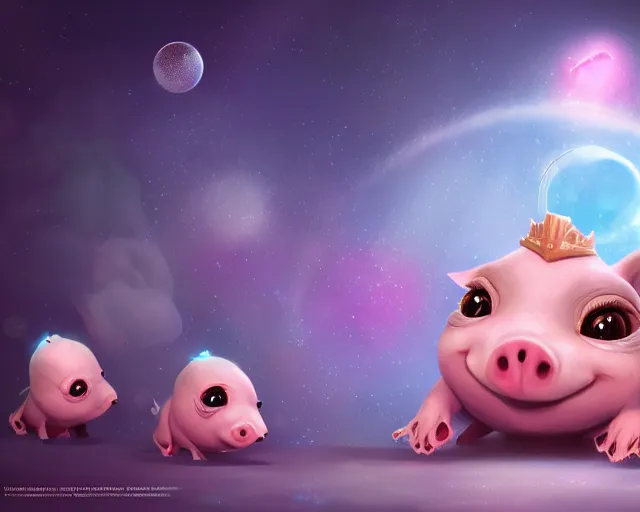 Image similar to 3D Fantasy Cute and adorable space piglet princess, huge adorable eyes, bright stars, Smooth 3D Illustration, soft render, Servando Lupini, Daniil Kudriavtsev, handpaint texture, Blender, 3DCoat